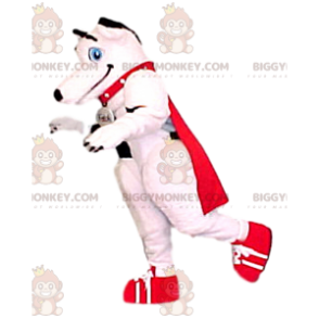 BIGGYMONKEY™ Weißes Hundemaskottchen-Kostüm mit rotem Umhang -