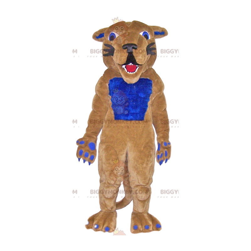 Costume da mascotte BIGGYMONKEY™ felino beige e blu sorridente