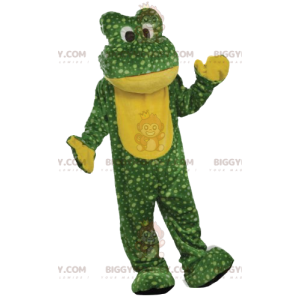 Disfraz de mascota de rana verde con lunares amarillos