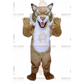 Traje de mascote tigre lince lince BIGGYMONKEY™ bege e branco –