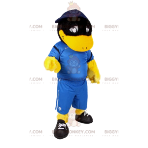 Traje de mascote BIGGYMONKEY™ Pato preto com roupa de futebol –