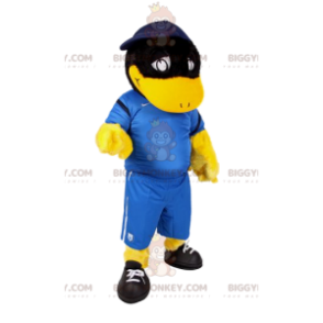 Traje de mascote BIGGYMONKEY™ Pato preto com roupa de futebol –