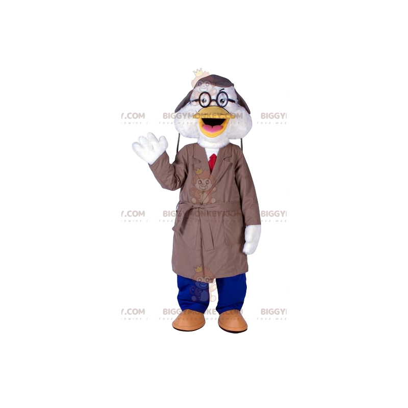 White duck BIGGYMONKEY™ mascot costume with beige raincoat -