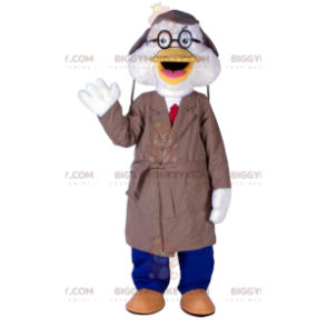 Traje de mascote BIGGYMONKEY™ de pato branco com capa de chuva