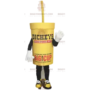 BIGGYMONKEY™ mascot costume of yellow to-go drink and its straw