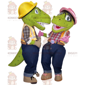 Dos dinosaurios verdes mascota de BIGGYMONKEY™ con trajes de