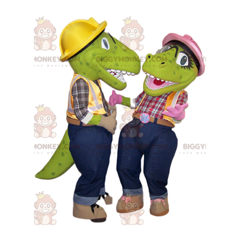 Dos dinosaurios verdes mascota de BIGGYMONKEY™ con trajes de