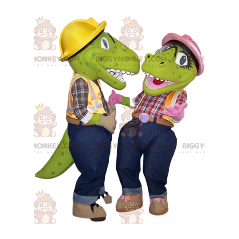 Two BIGGYMONKEY™s mascot green dinosaurs in handyman outfits –