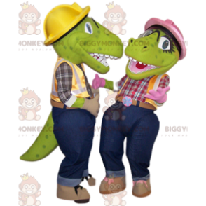 Dos dinosaurios verdes mascota de BIGGYMONKEY™ con trajes de