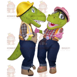 Two BIGGYMONKEY™s mascot green dinosaurs in handyman outfits –