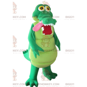 Traje de mascote de crocodilo verde muito divertido