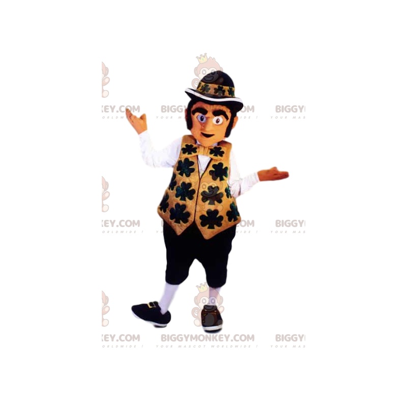 Traje de mascote Leprechaun BIGGYMONKEY™ com roupa dourada e