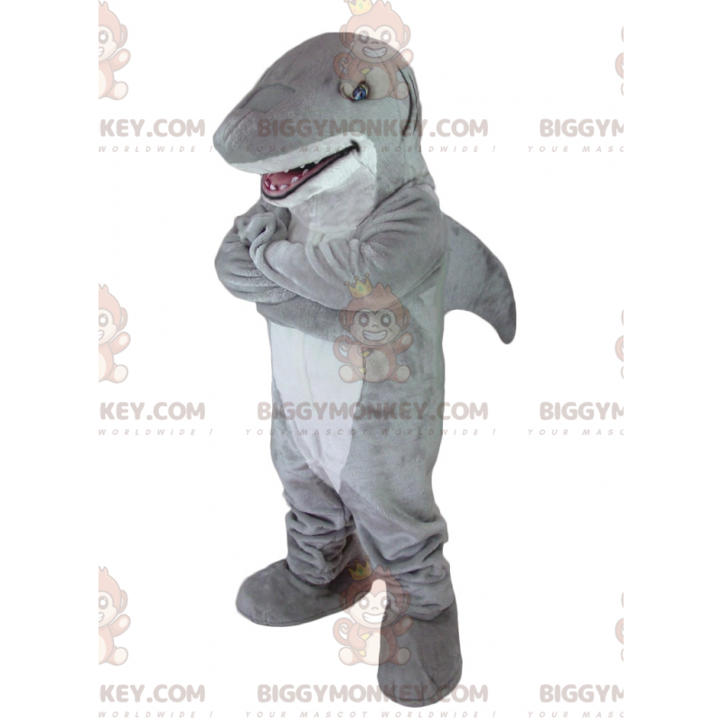 Traje de mascote de tubarão cinza e branco BIGGYMONKEY™ –