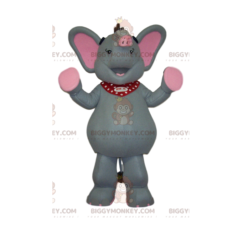 Mycket glad BIGGYMONKEY™ maskotdräkt för grå och rosa elefant -