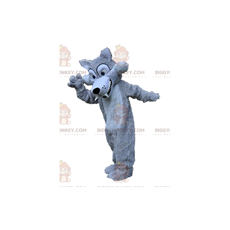 Costume mascotte BIGGYMONKEY™ lupo grigio argento denti grandi