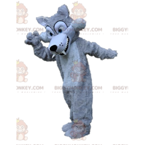 Costume mascotte BIGGYMONKEY™ lupo grigio argento denti grandi