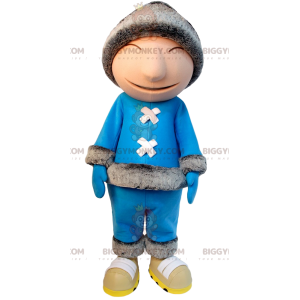 Traje de mascote Inuit BIGGYMONKEY™ com roupa azul e chapéu de