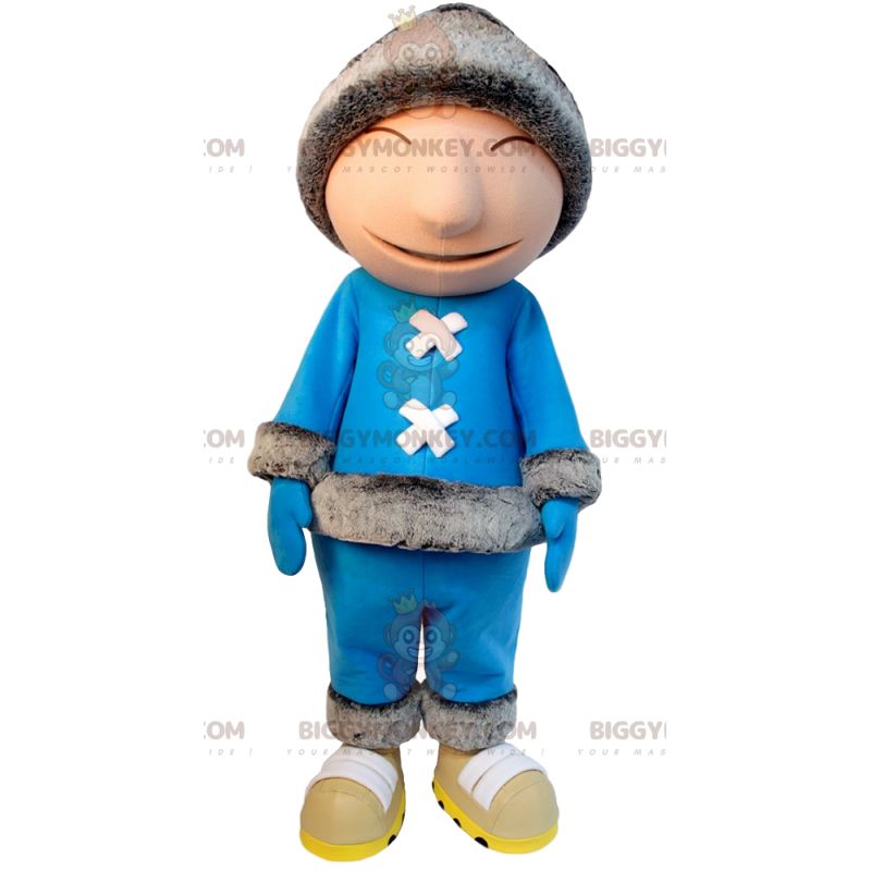 Inuit BIGGYMONKEY™ mascot costume in blue outfit and fur hat –