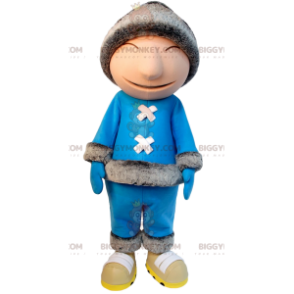 Inuit BIGGYMONKEY™ mascot costume in blue outfit and fur hat –