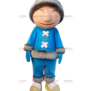 Inuit BIGGYMONKEY™ mascot costume in blue outfit and fur hat –