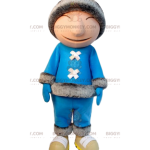 Inuit BIGGYMONKEY™ mascot costume in blue outfit and fur hat –