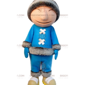 Traje de mascote Inuit BIGGYMONKEY™ com roupa azul e chapéu de