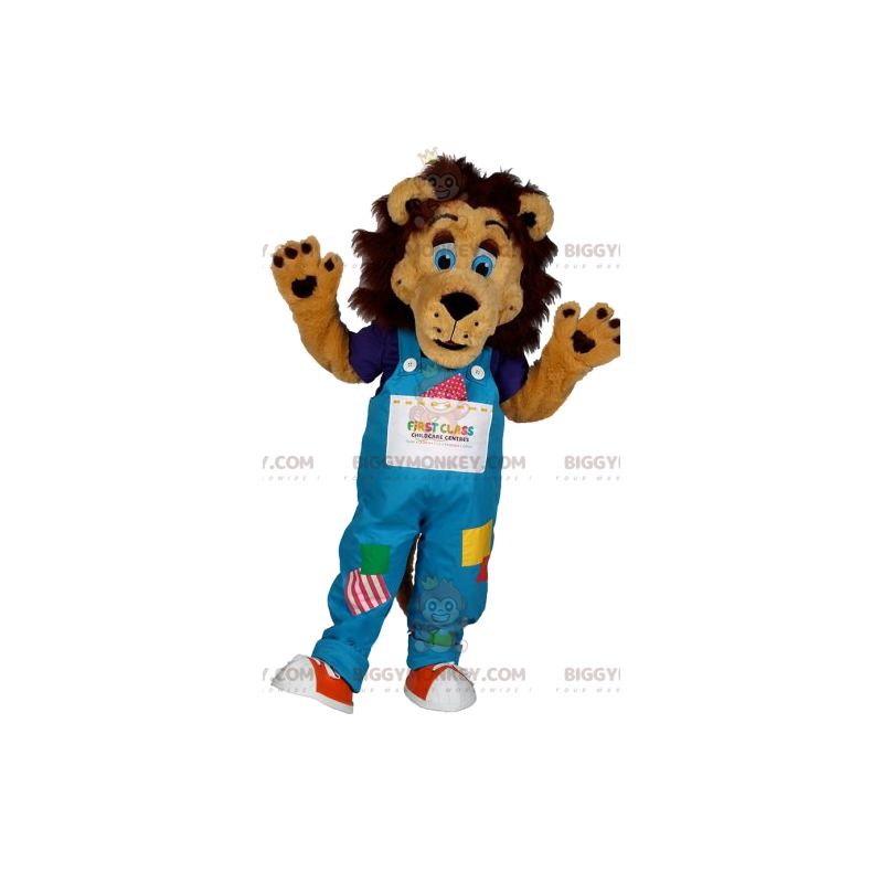 Leeuw BIGGYMONKEY™ mascottekostuum met patchwork overall -