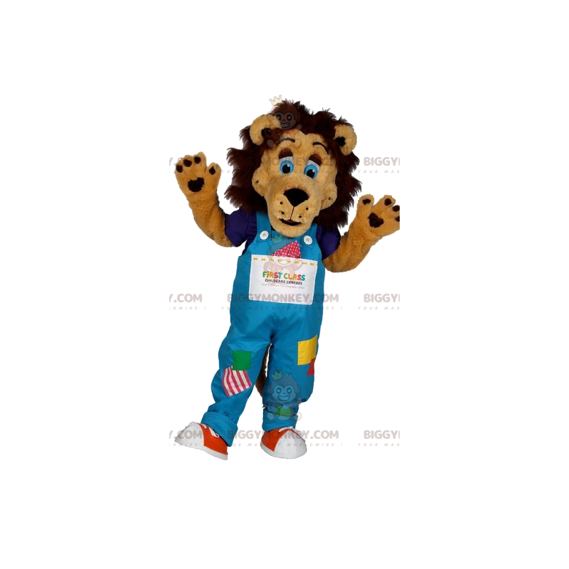 Lion BIGGYMONKEY™ Mascot Costume with Patchwork Overalls –