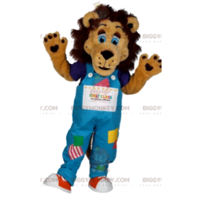 Costume de mascotte BIGGYMONKEY™ de lion avec une salopette