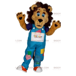 Lion BIGGYMONKEY™ Mascot Costume with Patchwork Overalls -