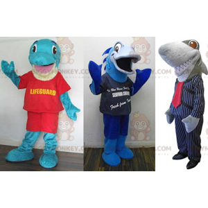 3 mascote do BIGGYMONKEY™: um golfinho azul, um peixe azul e um