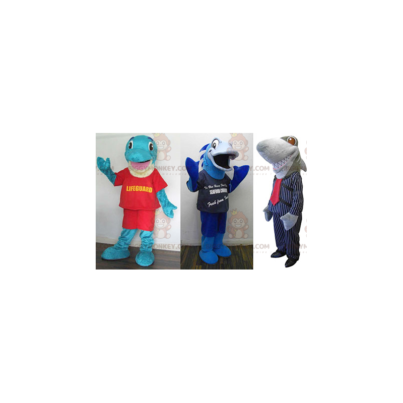 3 BIGGYMONKEY™s maskot: en blå delfin, en blå fisk og en grå