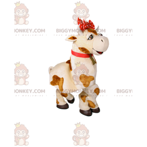 BIGGYMONKEY™ Mascot Costume White and Brown Cow with Red Bow –