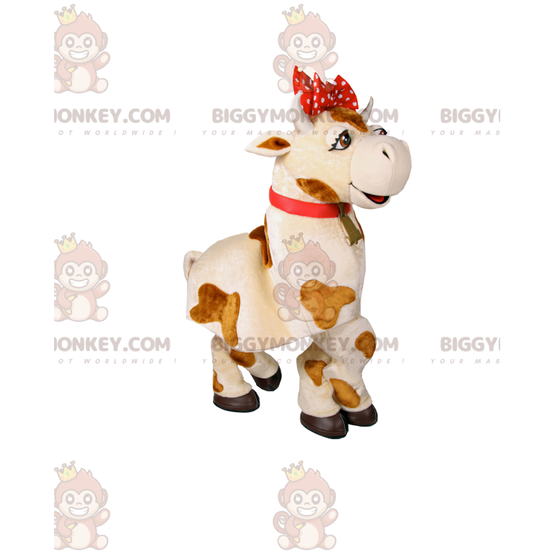 BIGGYMONKEY™ Mascot Costume White and Brown Cow with Red Bow -