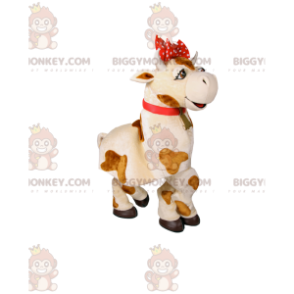 Kostým maskota BIGGYMONKEY™ Bílá a hnědá kráva s červenou mašlí