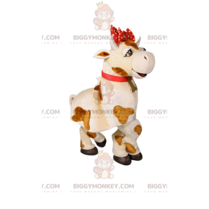 Traje de mascote BIGGYMONKEY™ Vaca branca e marrom com laço