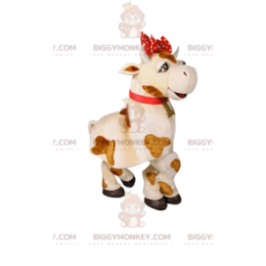 BIGGYMONKEY™ Mascot Costume White and Brown Cow with Red Bow -