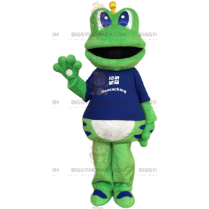 Groene kikker BIGGYMONKEY™ mascottekostuum met blauw T-shirt -