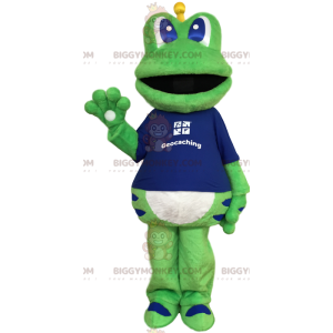 Vihreä sammakko BIGGYMONKEY™ maskottiasu sinisellä T-paidalla -