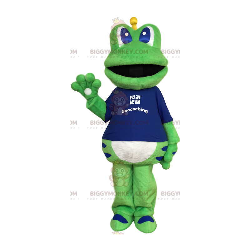 Costume da mascotte BIGGYMONKEY™ rana verde con t-shirt blu -