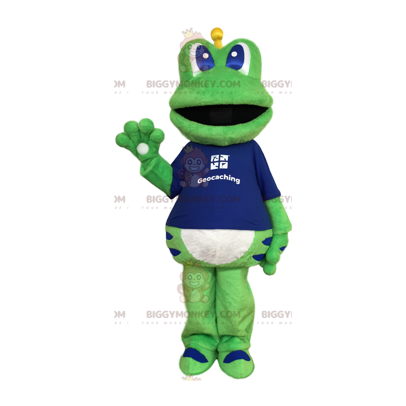Groene kikker BIGGYMONKEY™ mascottekostuum met blauw T-shirt -