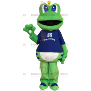 Costume da mascotte BIGGYMONKEY™ rana verde con t-shirt blu -