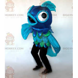Traje de mascote de peixe gigante azul e verde BIGGYMONKEY™ –