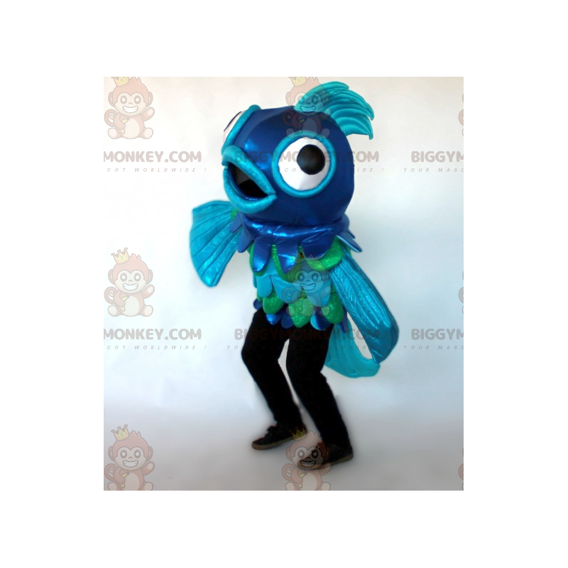 Traje de mascote de peixe gigante azul e verde BIGGYMONKEY™ –