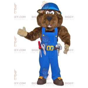 Traje de mascote BIGGYMONKEY™ Big Bear Handyman em macacão azul