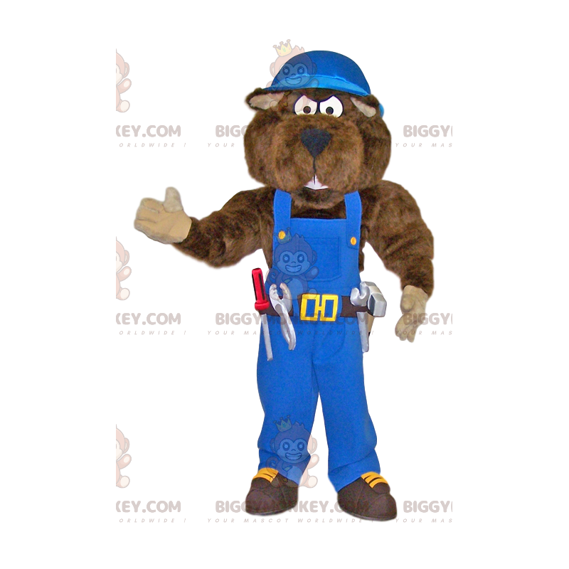 Traje de mascote BIGGYMONKEY™ Big Bear Handyman em macacão azul