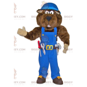 Traje de mascote BIGGYMONKEY™ Big Bear Handyman em macacão azul