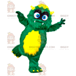 Costume da mascotte del piccolo mostro peloso verde e giallo