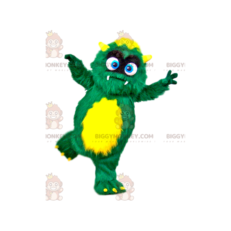 Disfraz de mascota pequeño monstruo peludo verde y amarillo