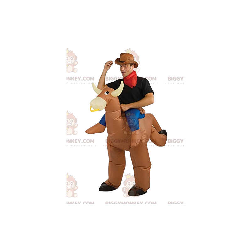 BIGGYMONKEY™ Beige Rodeo Cow Mascot Costume With Rider -